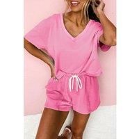Everyday The Label Women's Bonbon V Neck Drop Shoulder Tee & Patchwork Drawstring Shorts Set | Size: XL