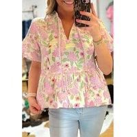 Everyday The Label Women's Pink Floral Print Drawstring V Neck Peplum Blouse Blouses | Size: XL