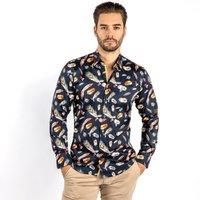 CLAUDIO LUGLI Men's Feathers Floating Print Shirt in Black | Size: 2XL