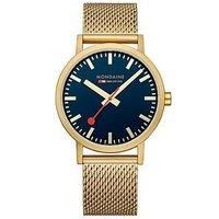 Mondaine Classic Golden 40Mm Case Deep Ocean Blue Watch With Mesh Bracelet