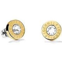 Tommy Hilfiger Women's Gold-Plated Stainless-Steel Stud Earrings with Etched"HILFIGER" and Clear Center Crystal