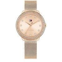 Tommy Hilfiger Women'S Rose Gold Plated Mesh Watch With A Crystal Bezel