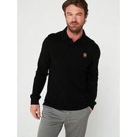 Belstaff Left Chest Patch Logo Regular Fit Long Sleeve Polo Shirt - Black