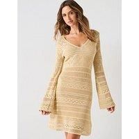 Guess Nellie Long Sleeve V Neck Knitted Dress - Gold