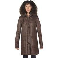 Women's Brown Long Winter Hooded Real Shearling Sheepskin Leather Duffle Coat