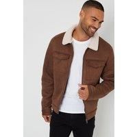 Threadbare Men's 'Olpherts' Faux Suede Borg Lined Aviator Jacket in Taupe | Size: Small