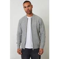 Threadbare Men's Bomber-Style Cable Knit Zip Through Cardigan in Grey | Size: XL