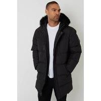 Threadbare Men's Showerproof Longline Quilted Parka Jacket in Black | Size: Large
