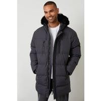 Threadbare Men's Showerproof Longline Quilted Parka Jacket in Dark Grey | Size: Large