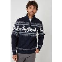 Threadbare Men's Fairisle Knitted Quarter Zip Christmas Jumper in Navy | Size: Small