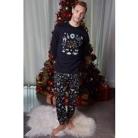 Threadbare Men's Christmas Print Long Pyjamas in Black | Size: XL