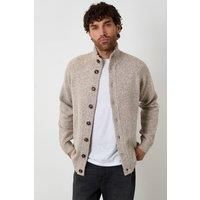 Threadbare Men's Funnel Neck Button Up Knitted Cardigan With Wool in Stone | Size: XL