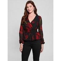 GUESS Women/'s Long-Sleeved Shirt Mishka Chiffon Top, Blurred Roses Print Black, Small, Blurred Roses Print Black, S
