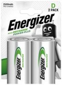 Energizer D Rechargeable Batteries Power Plus HR20 2500mAh NiMH 1.2V Pack of 2