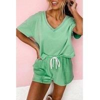 Everyday The Label Women's Mint Green V Neck Drop Shoulder Tee & Patchwork Drawstring Shorts | Size: Large