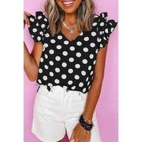Everyday The Label Women's Black Polka Dot Print Ruffled Sleeve V Neck Blouse Blouses | Size: Small