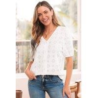 Everyday The Label Women's White Lace Puff Sleeve V Neck Button Up Shirt Blouses | Size: Small