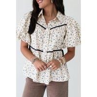 Everyday The Label Women's White Contrast Trim Floral Puff Short Sleeve Shirt Blouses | Size: Medium