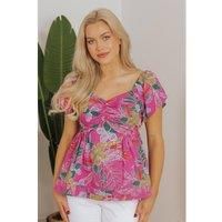 Everyday The Label Women's Purple Floral Print Sweetheart Neck Flutter Sleeve Blouse Blouses | Size: Small