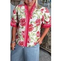 Everyday The Label Women's Rose Plus Size Floral Print Frilled Stripes Detail Short Sleeve Blouse | Size: 4XL