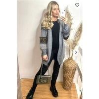 CY Women's Faux Leopard Print Fur Cardigan With Embellishment in Grey