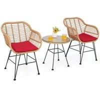 3 Pieces Patio Bistro Set Outdoor PE Rattan Armchairs w/Tempered Glass Table