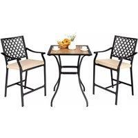 3 Pieces Patio Bar Set Bar Height Outdoor Bistro Set W/ 2 Upholstered Bar Stools
