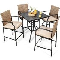 5 Pieces Outdoor Bar Stool Set Patio Rattan Bistro Set W/ 4 Chairs &1 Bar Table