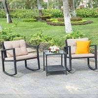 3 Pieces Outdoor Rocking Bistro Set PE Rattan Rocking Chair Set with Cushions