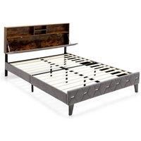 King Size Bed Frame Upholstered Platform Bed Slat Support W/ Storage Headboard
