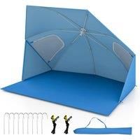 Costway Convertible Beach Tent 2-In-1 Sun Umbrella Beach Shade Shelter 2-4People in Blue