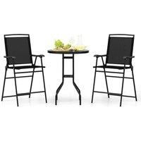 3 PCS Outdoor Bar Stool Set w/ Umbrella Hole Patio Bistro Table & 2 Folding Chairs