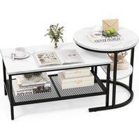 Costway Set of 2 Coffee Nesting Table Set Detachable 2-Tier Sofa Side Table Faux Marble Tabletop in Black