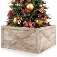 Vintage Christmas Tree Collar Box 100% Solid Wood Wooden Tree Box Stand Cover W/ Hook & Loop Fastener