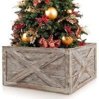 Vintage Christmas Tree Collar Box 100% Solid Wood Wooden Tree Box Stand Cover W/ Hook & Loop Fastener