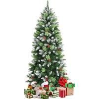 6FT Artificial Pine Xmas Tree Snow Flocked Christmas Tree with Red Berries