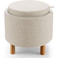 Costway Round Storage Ottoman w/ Tray Top Accent Padded Footrest w/ Wood Legs in Beige