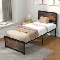 Single Size Bed Frame Heavy-duty Industrial Metal Platform Bed w/High Headboard