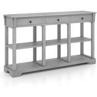 Costway 3-Tier Console Table Wooden Sofa Side Table W/ Storage Shelves & 3 Drawers in Grey