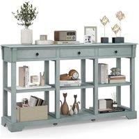 Costway 3-Tier Console Table Wooden Sofa Side Table W/ Storage Shelves & 3 Drawers in Blue