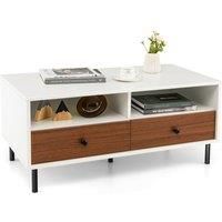 Modern Coffee Table Rectangle Side Table Wooden Tea Table w/ 2 Drawers & 2 Shelves