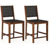 Costway Woven Bar Stools Set of 2 Counter Height Chairs w/ Faux PU Leather Straps in Brown