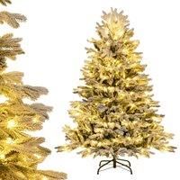 Gymax 146 CM Pre-Lit Flocked Christmas Tree 688 Tips & 200 LED Lights Xmas Decor Tree in Green