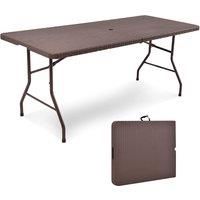 Gymax Folding Picnic Table 182 CM Rattan Camping Table With Umbrella Hole in Brown