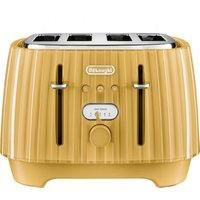 De/'Longhi Ballerina Toaster, 4 Slot Toaster, Reheat, 5 Browning Settings, Defrost and Cancel Functions, Pull Crumb Tray, Extra-lift Position, 1800W, CTD4003.Y, UK PLUG, Gold Yellow