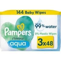 Pampers Harmonie Aqua Baby Wipes Plastic Free 3 Packs of 48 Wipes = 144 Baby Wet Wipe