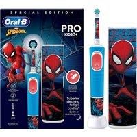 Oral-B Pro Kids Electric Toothbrush, 1 Toothbrush Head, x4 Spiderman Stickers, 1 Travel Case, 2 Modes with Kid-Friendly Sensitive Mode, For Ages 3+, 2 Pin UK Plug, Blue