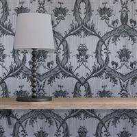 Damask Wallpaper Glitter Textured Vinyl Heavyweight Italian Grey Black Milano