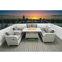 2 Loveseat Sofa With 2 Reclining Chair, Firepit Dining Table & 2 Side Table