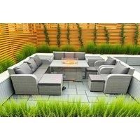 2 3-Seater Sofa With Firepit Dining Table, 2 Reclining Chair, 3 Stools & 2 Side Table